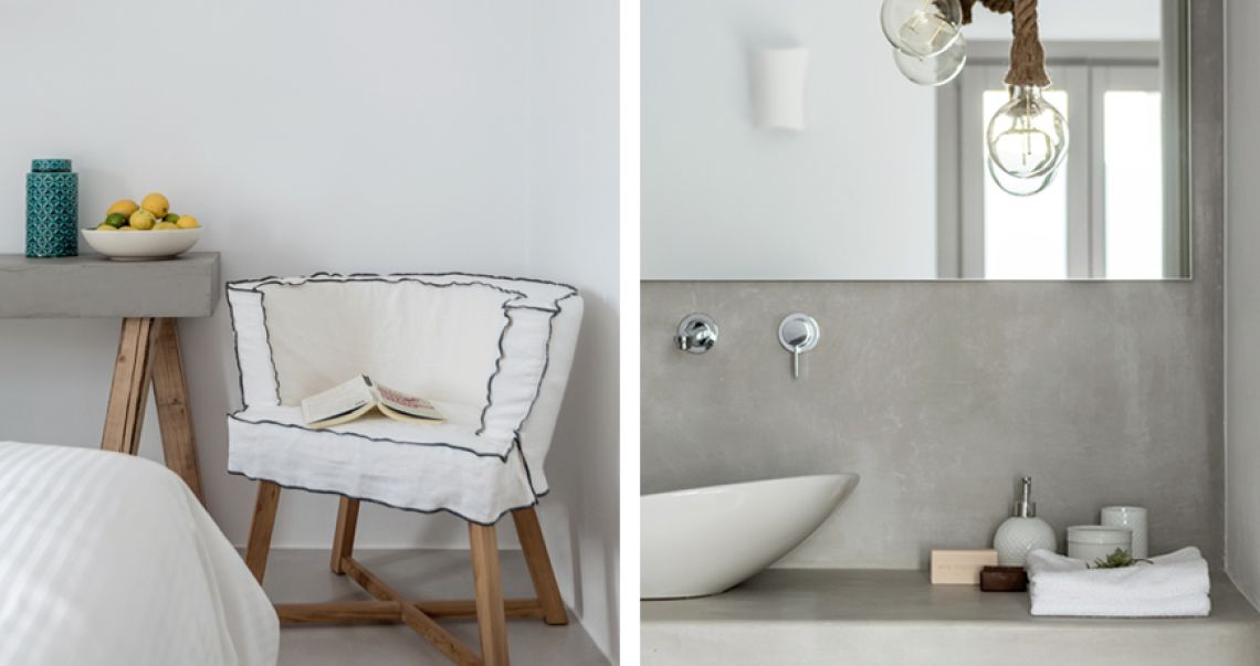 Split image showing a bedroom corner with a white linen armchair and lemons on the left, and a bathroom vanity with rope lighting on the right.