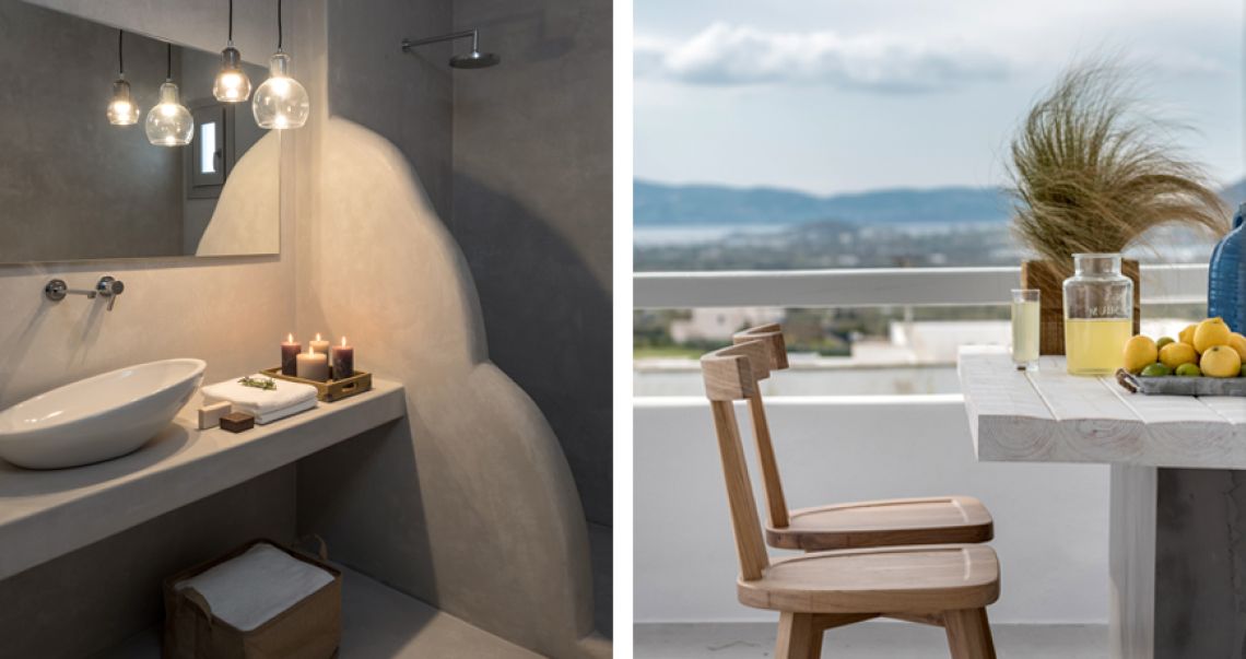 Split view of a grey microcement bathroom with ambient lighting on the left, and a balcony table set with fresh lemonade overlooking the landscape on the right.