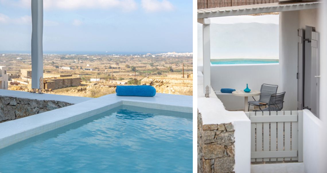 Split view showing a private plunge pool with a blue towel overlooking a rural landscape on the left, and a shaded terrace seating area with grey chairs on the right.